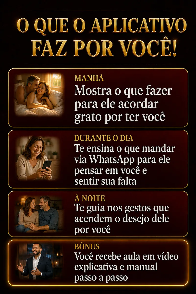 O que o aplicativo faz por você: pela manhã, durante o dia e à noite, além de bônus com aula em vídeo explicativa e manual passo a passo.